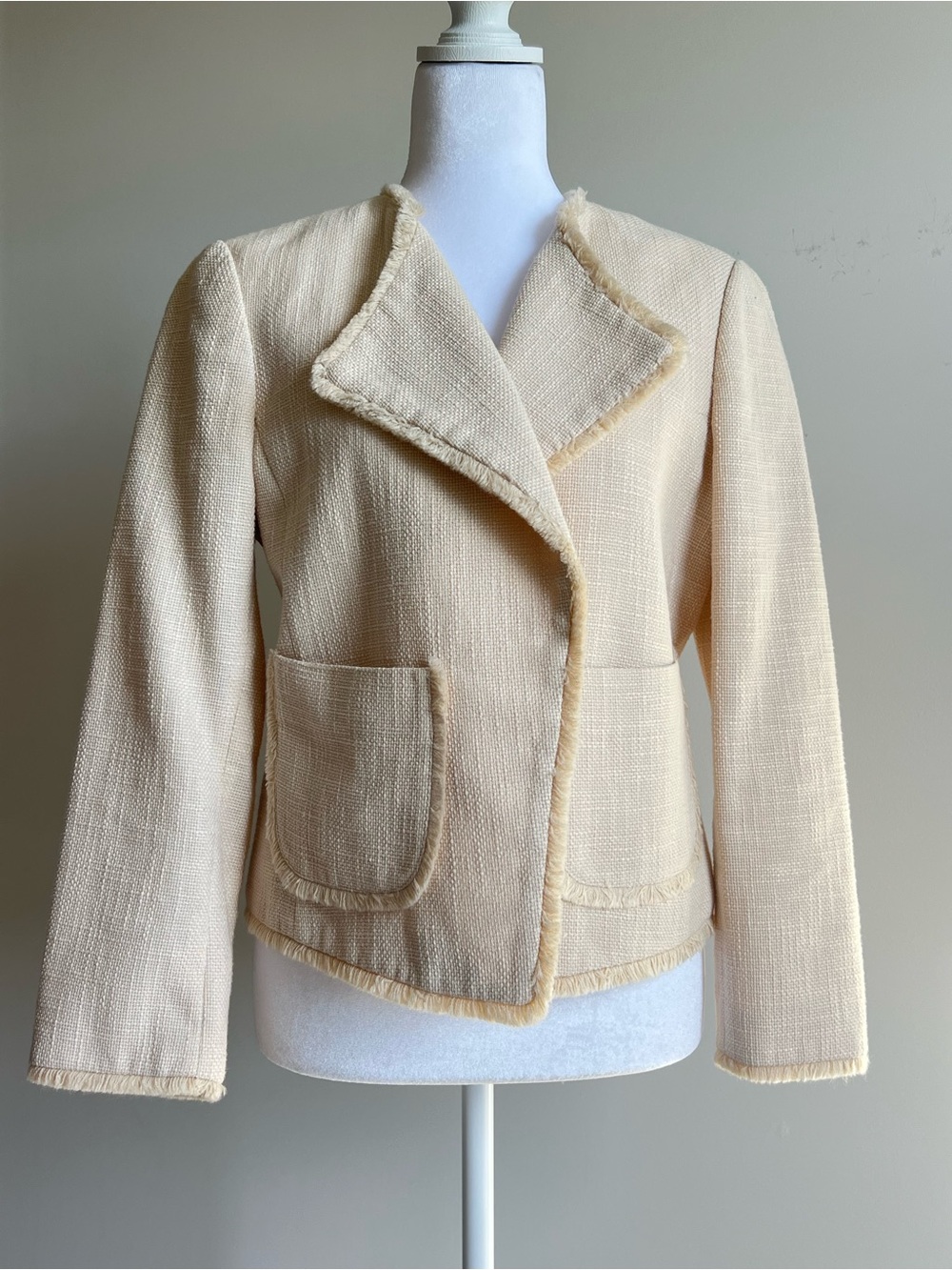 Ann Taylor Cream Tweed Fringed Crop Jacket